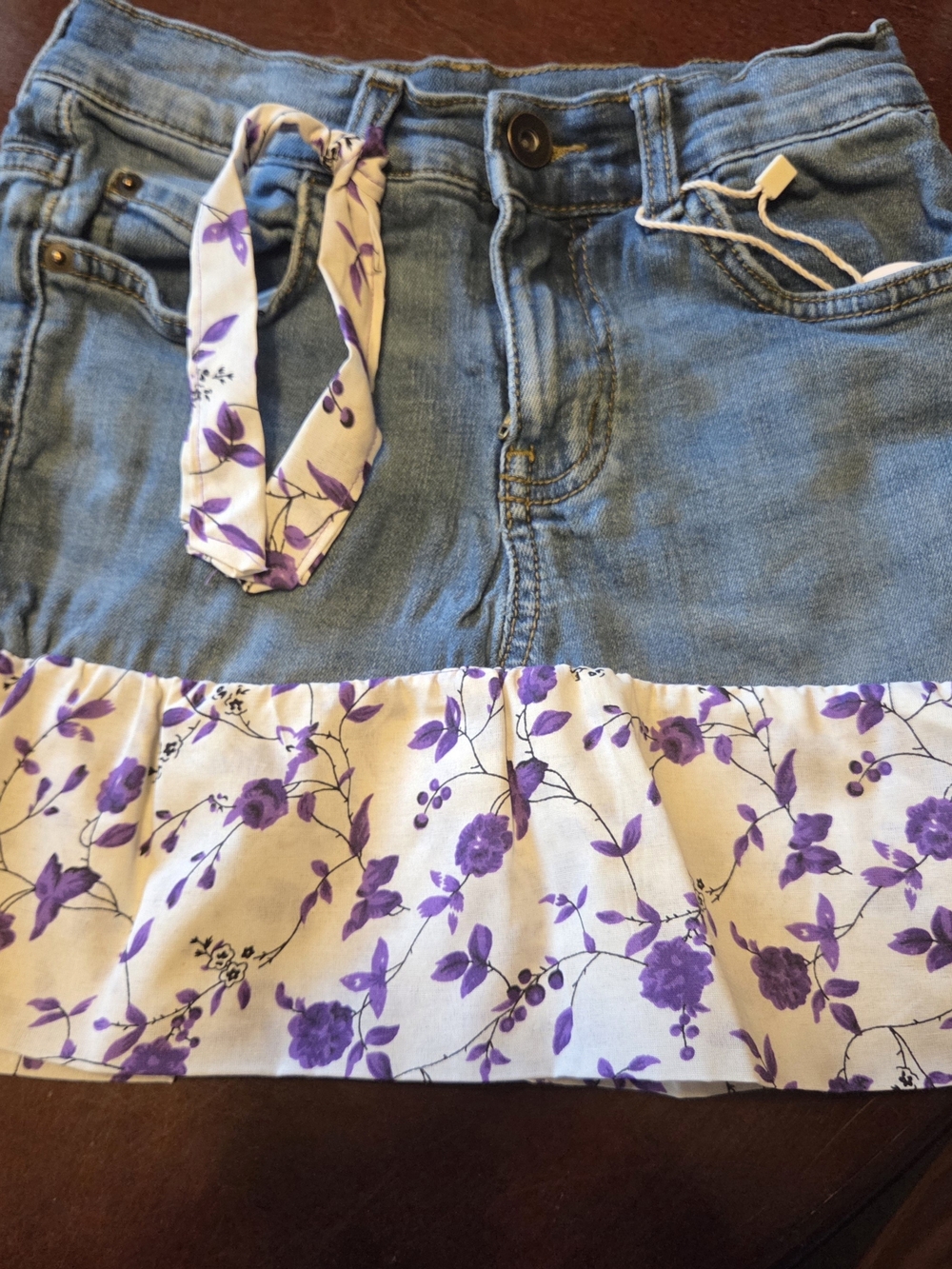 Denim Mini Skirt with Purple Floral Ruffle